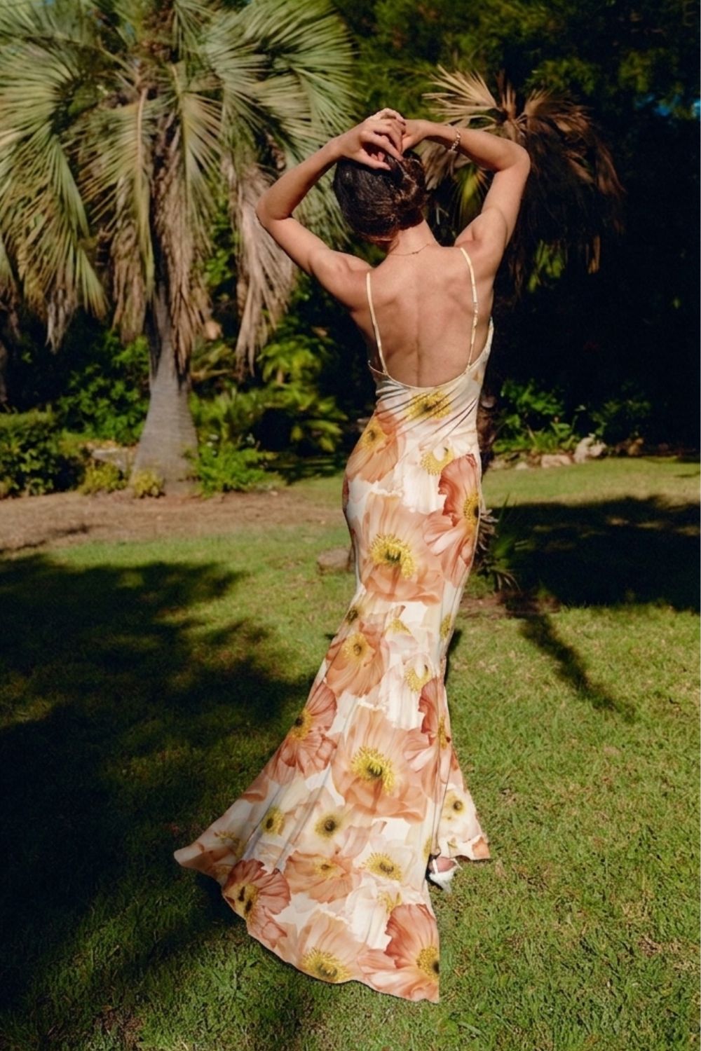 真絲魚尾印花連衣長裙