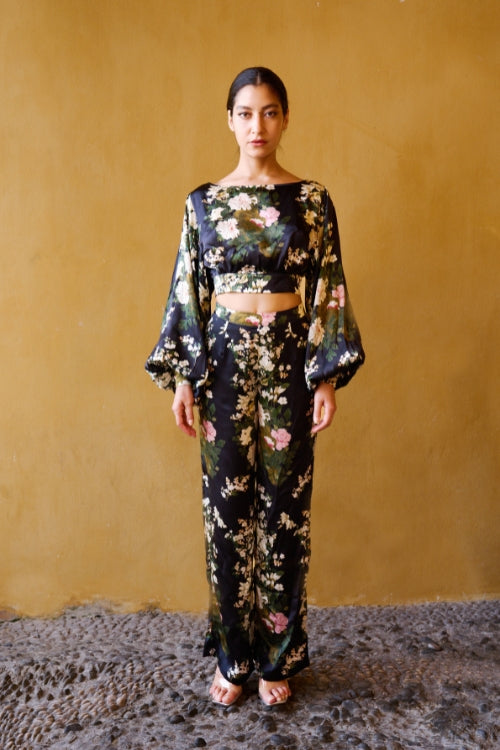 Satin Top with Chinese Peony Print – Black
