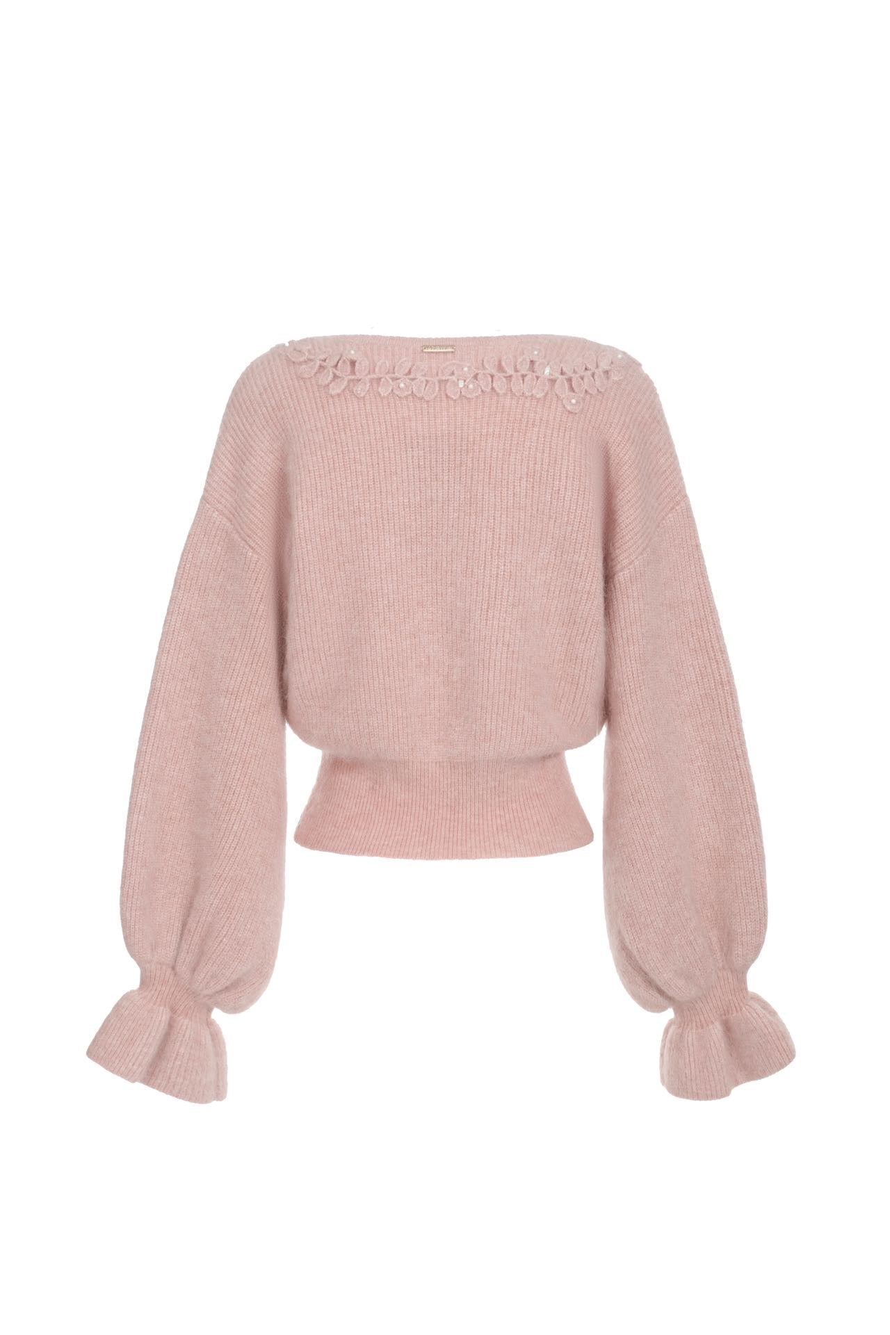 Mohair and wool sweater with crochet - Pale pink