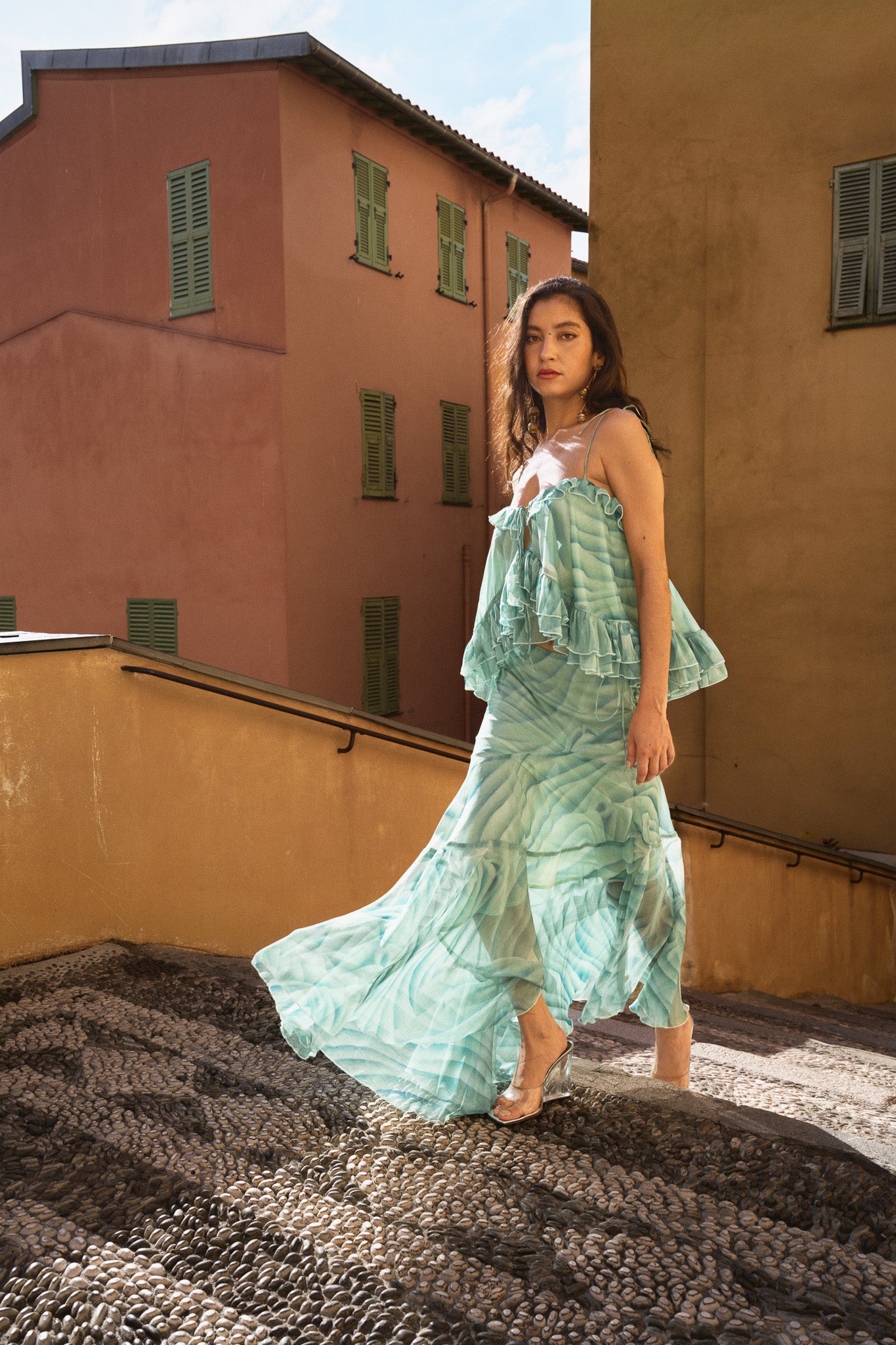Haut en chiffon à volants et à imprimé – Vert