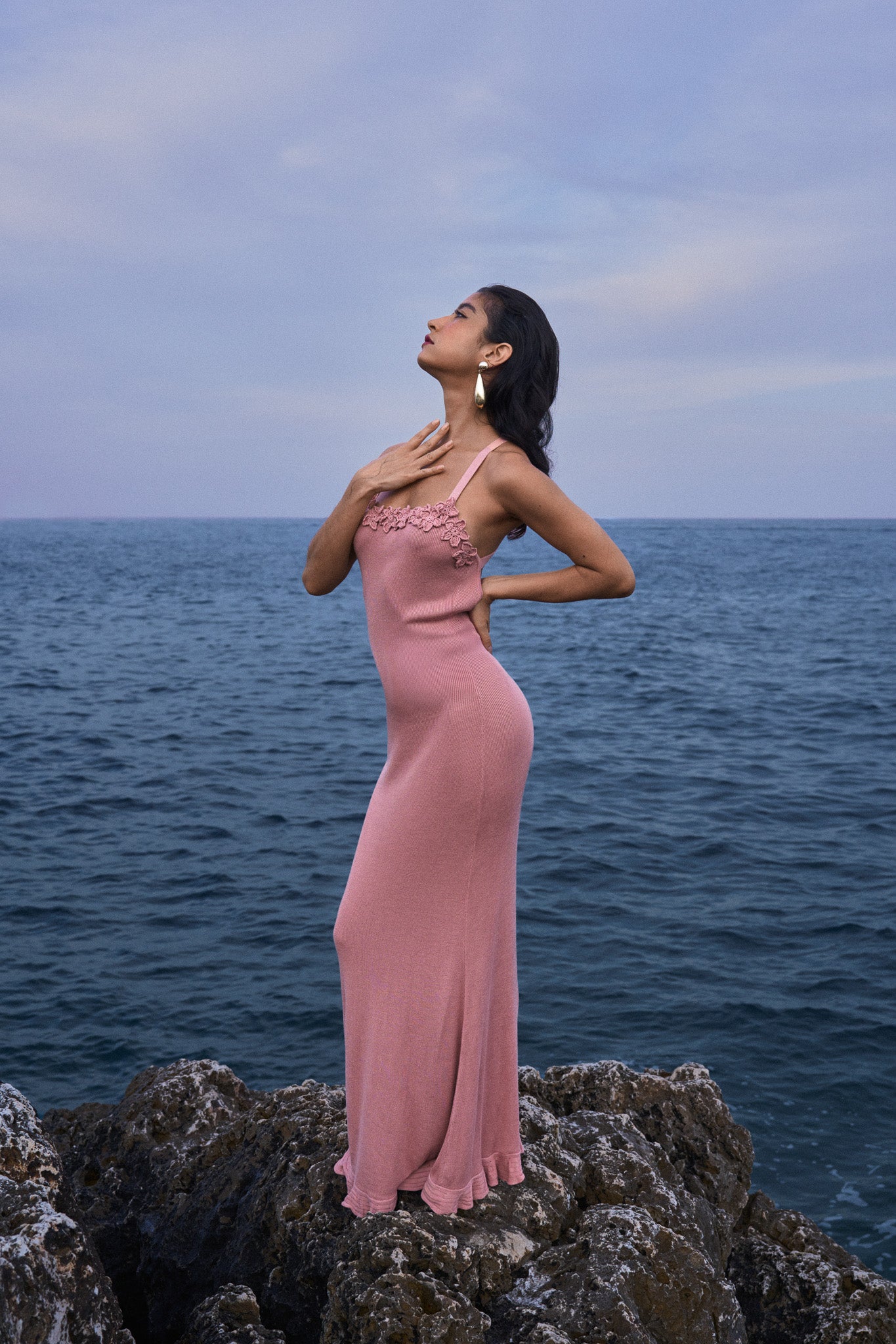 Crochet Flower Knit Dress – Dusty Pink