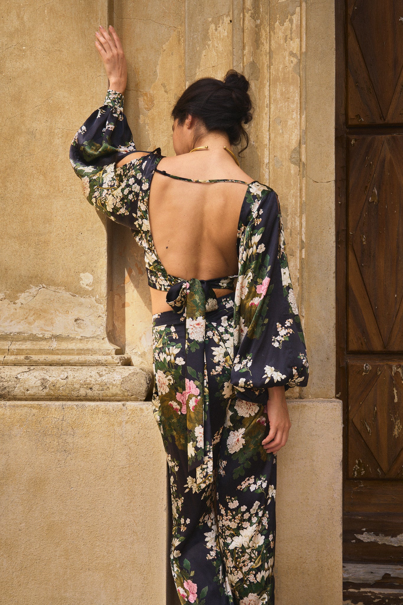 Satin Top with Chinese Peony Print – Black