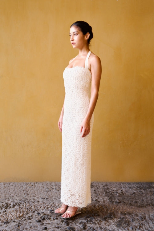 Beaded Crochet Backless Dress – Beige