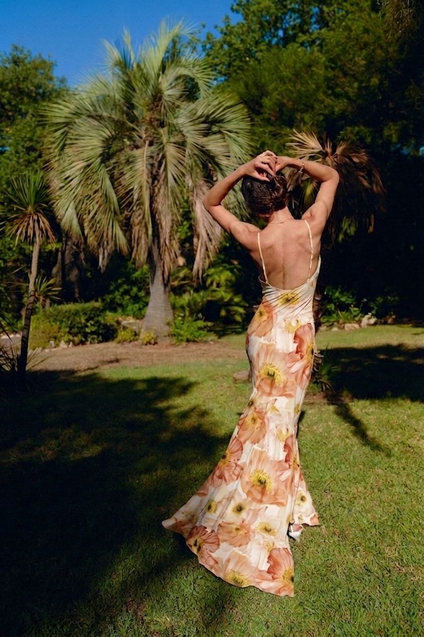 Long flared silk dress with floral print