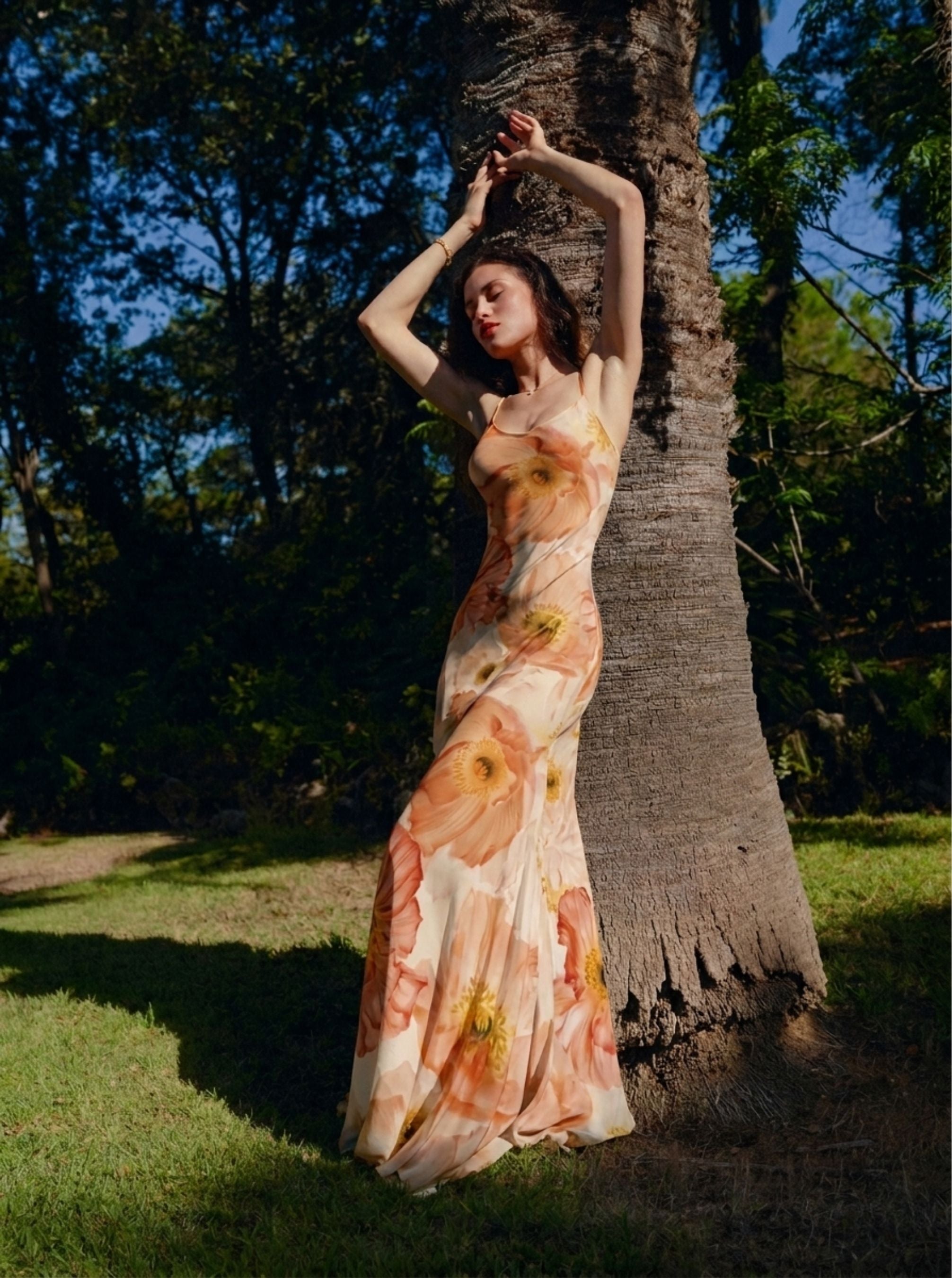 Long flared silk dress with floral print