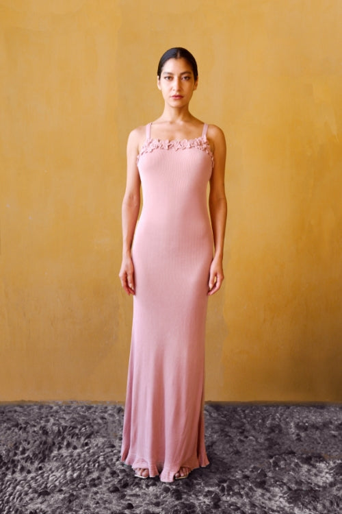 Crochet Flower Knit Dress – Dusty Pink