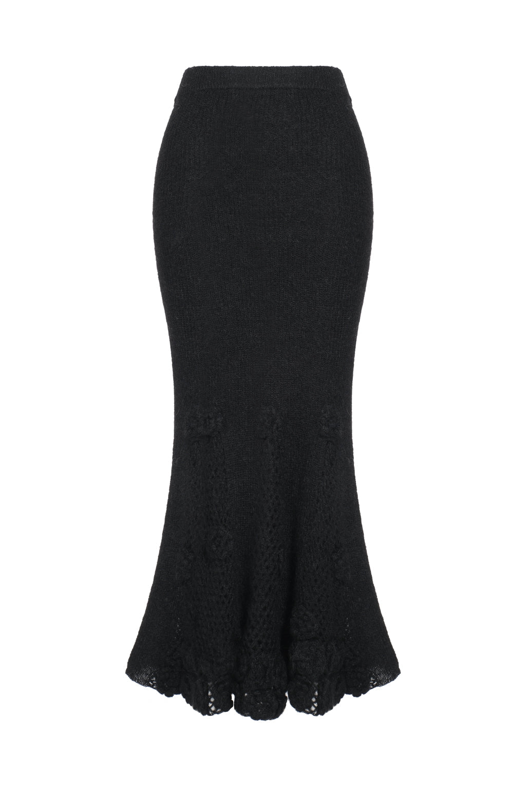Jupe longue en mohair melangé en crochet à fleurs - noir