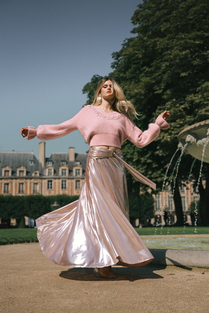 Pleated stretch-lamé maxi skirt - Rose gold