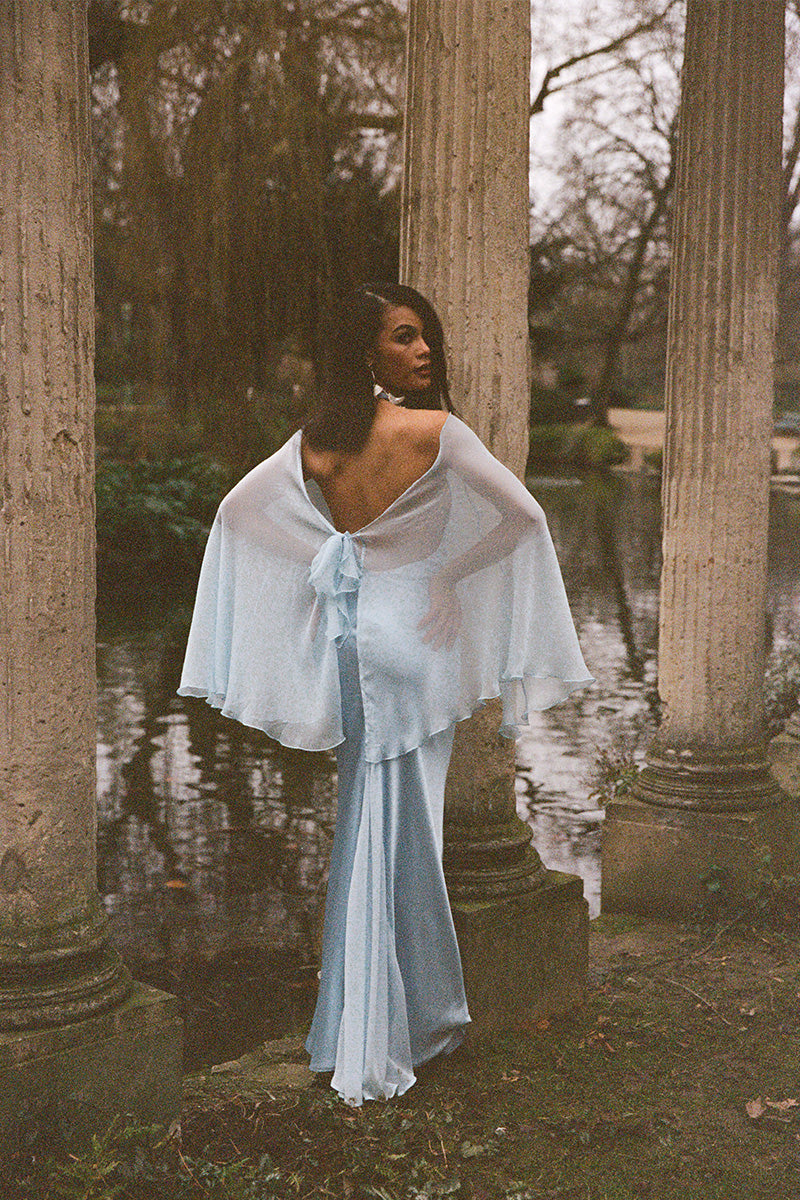 Long satin dress with chiffon stole - Blue
