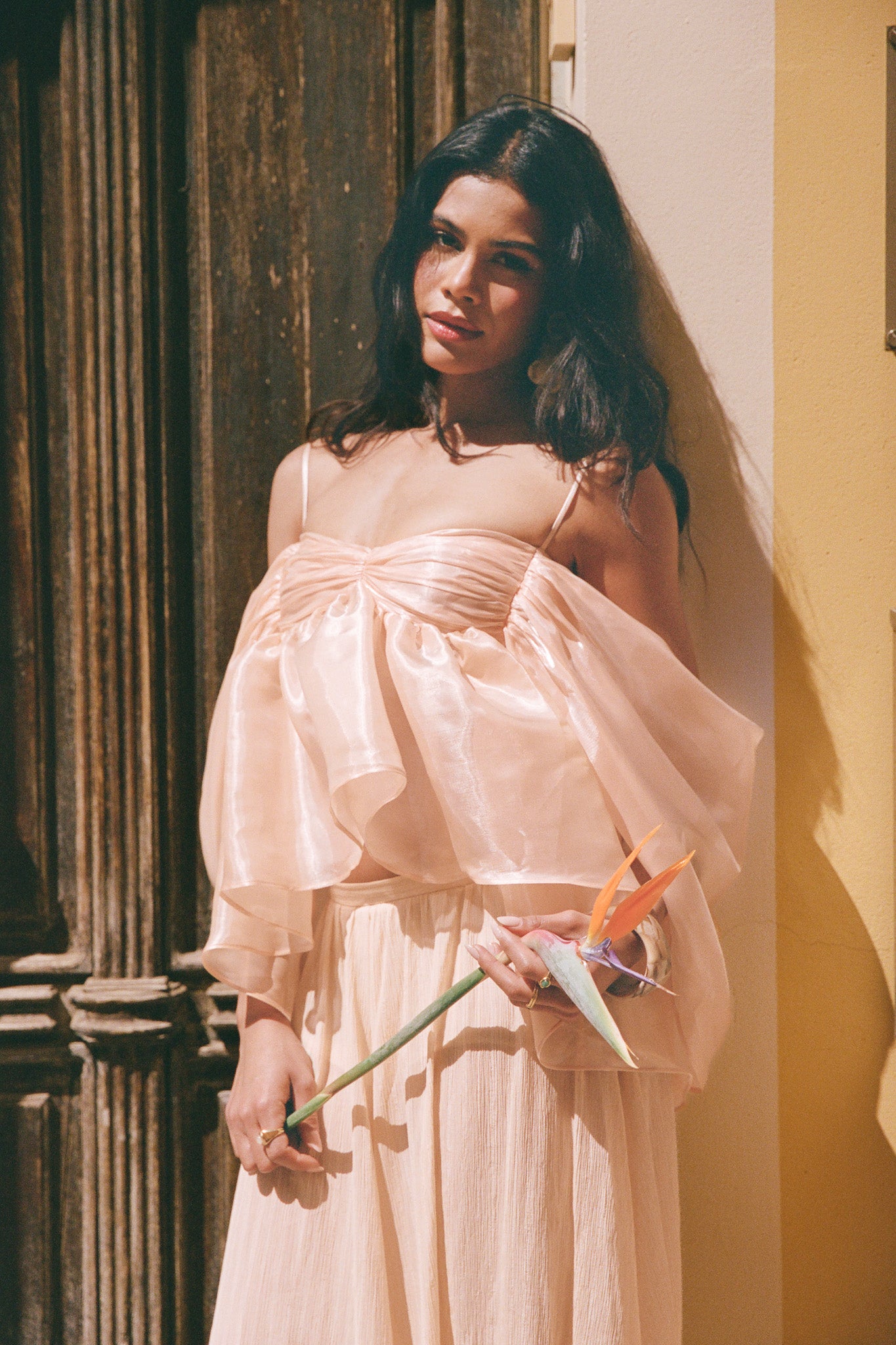 Ruffled organza open back top - Apricot