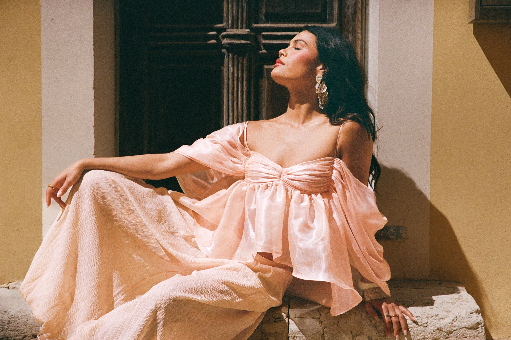 Ruffled organza open back top - Apricot