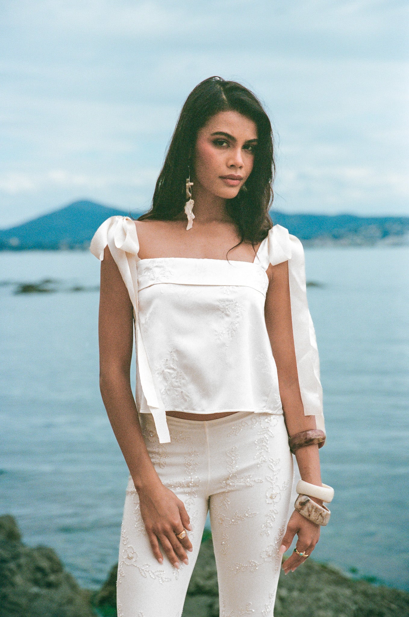 Embroidered open back tie top - Beige