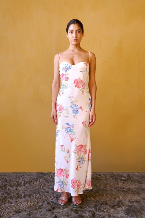 Robe longue bustier à imprimé – Blanc