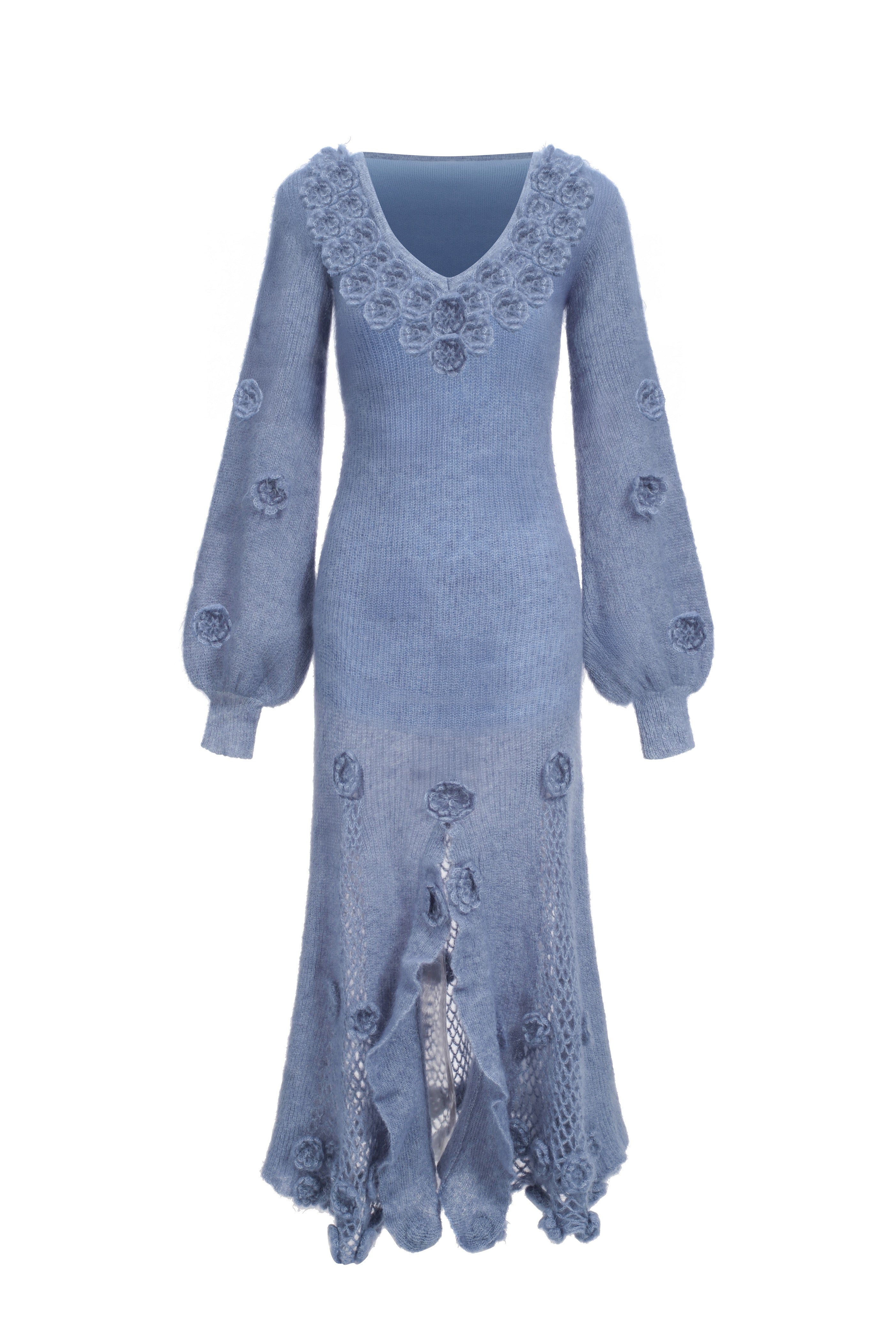 Robe en mohair mélangé en crochet à fleurs - bleu