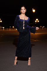 Crystal-embellished velvet midi skirt - palace blue