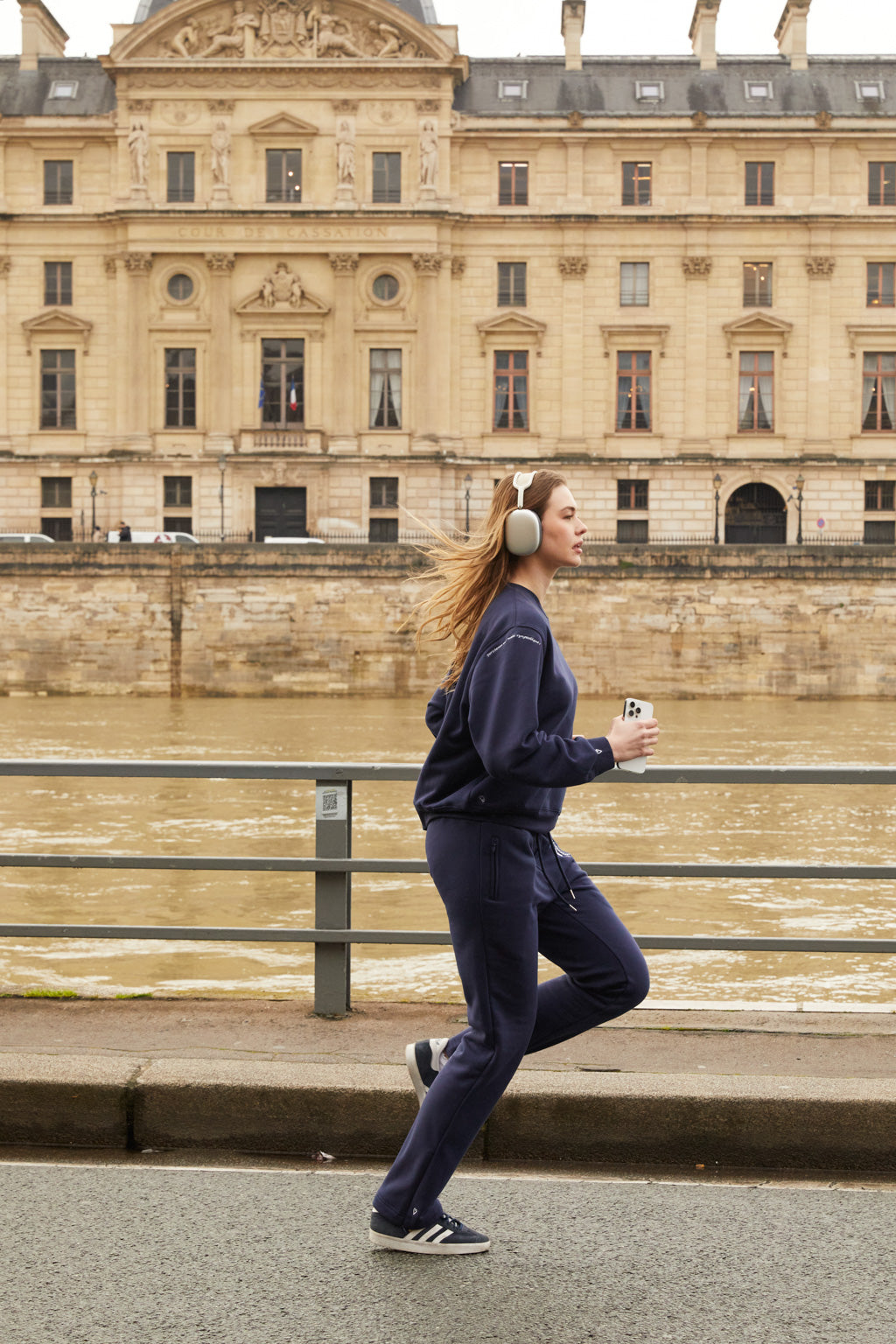 Embroidered cotton blend jersey sweatshirt - navy blue