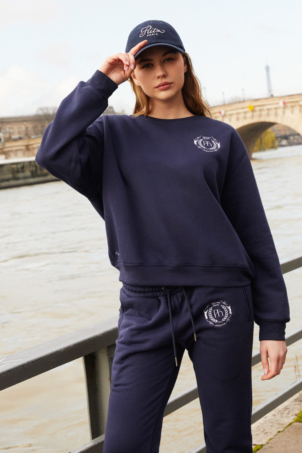 Embroidered cotton blend jersey sweatshirt - navy blue