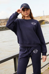 Embroidered cotton blend jersey sweatpants - navy blue