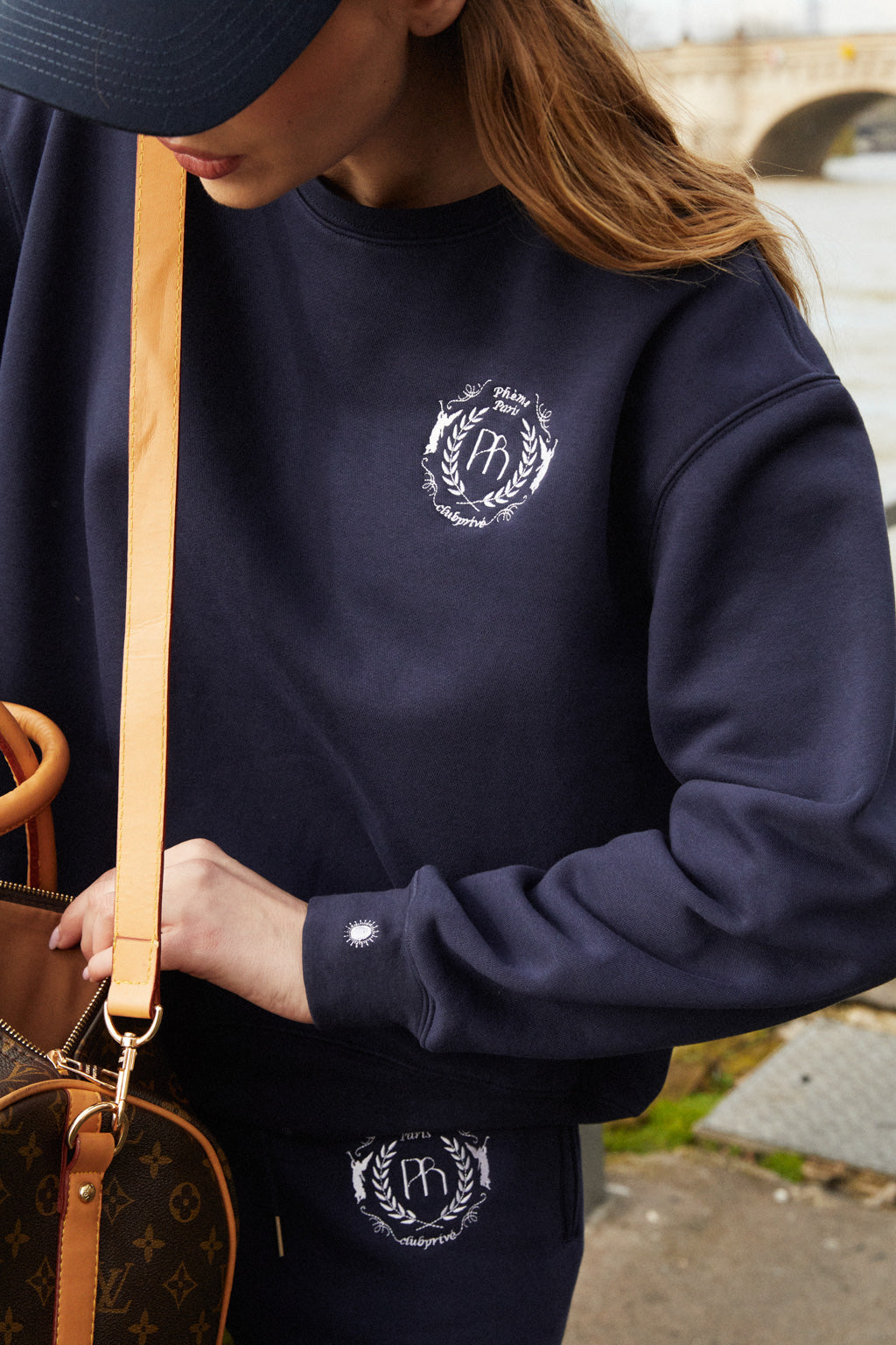 Embroidered cotton blend jersey sweatshirt - navy blue