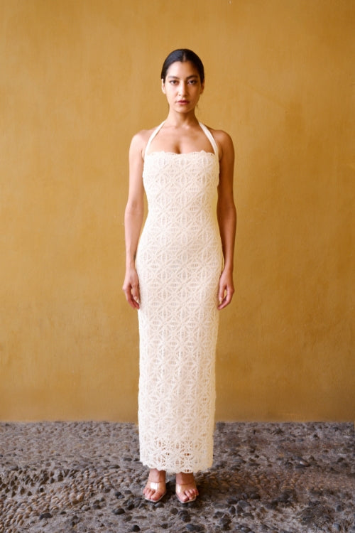 Beaded Crochet Backless Dress – Beige