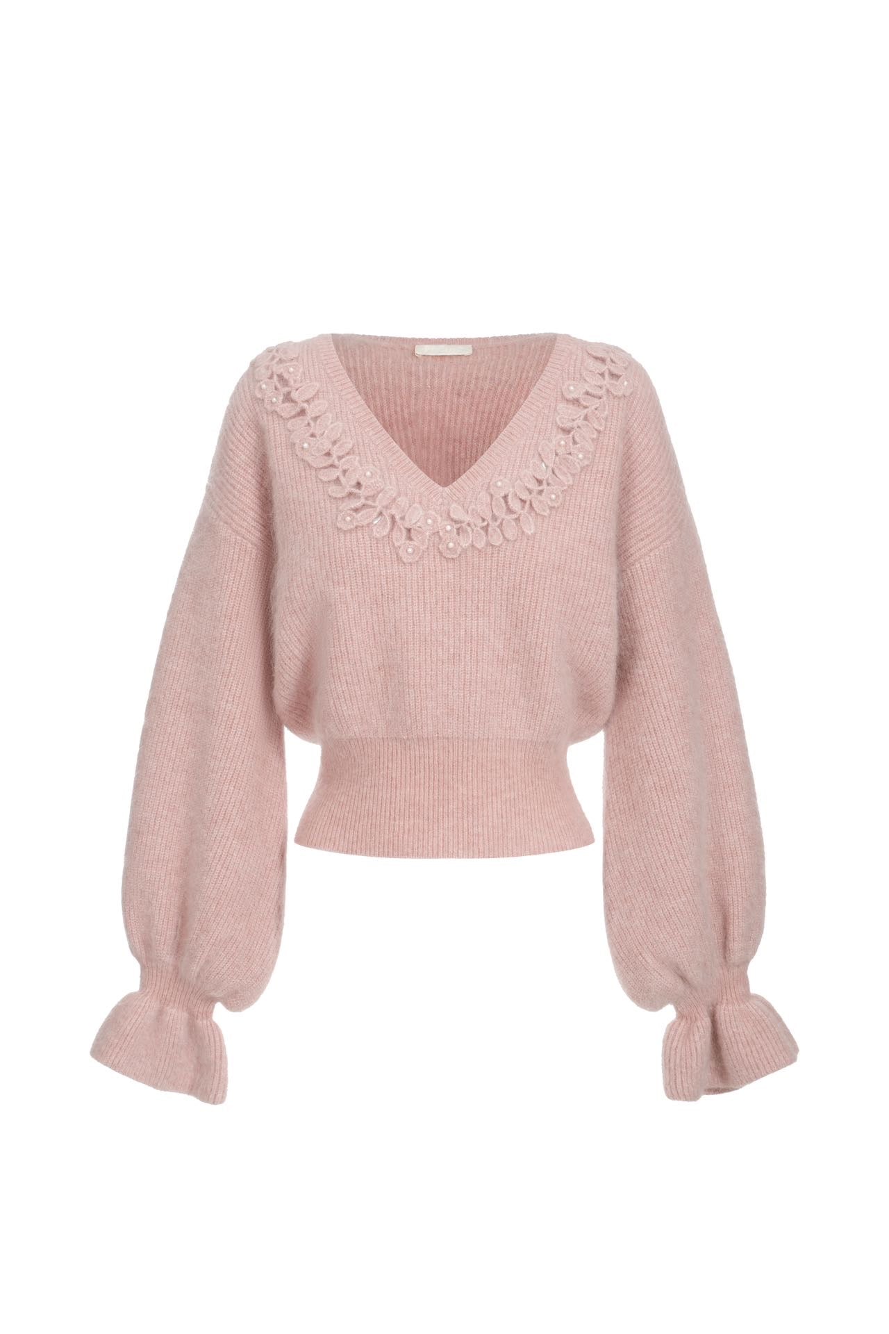 Mohair and wool sweater with crochet - Pale pink