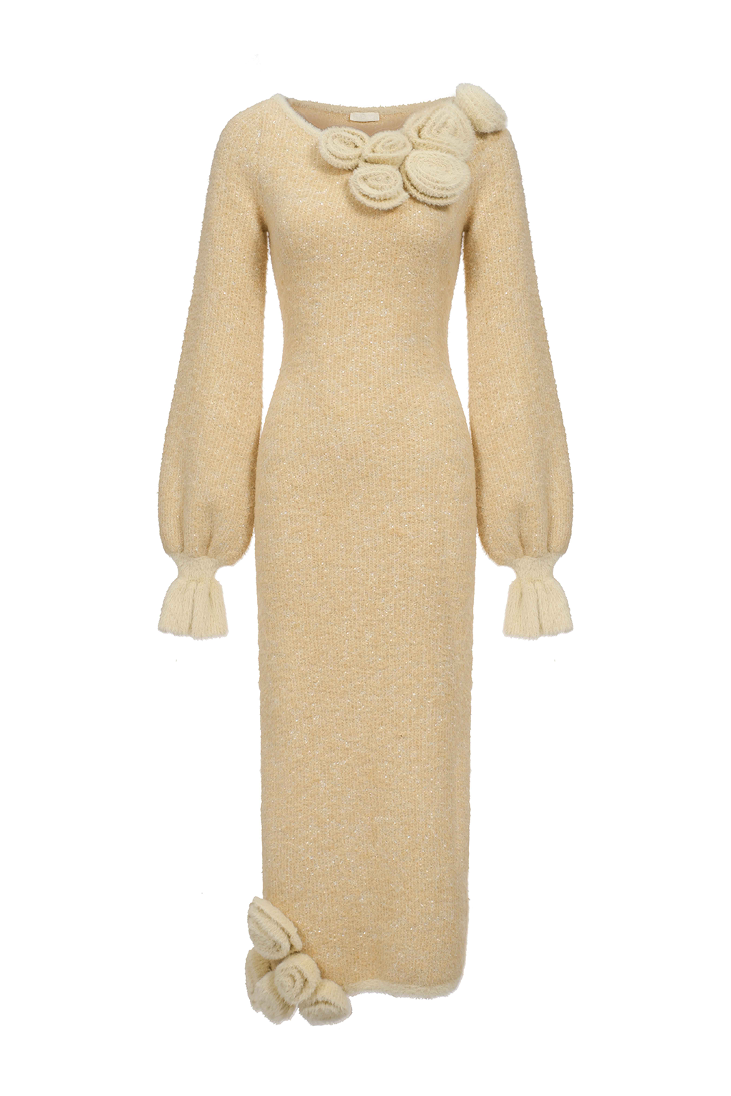 Boucle tweed dress with crocheted flowers - Caramel