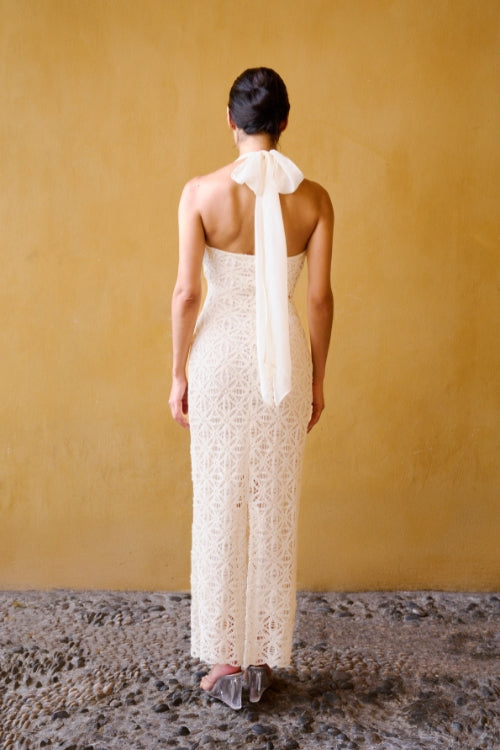 Beaded Crochet Backless Dress – Beige