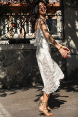 Asymmetric Lace-trimmed Satin Jacquard Skirt White