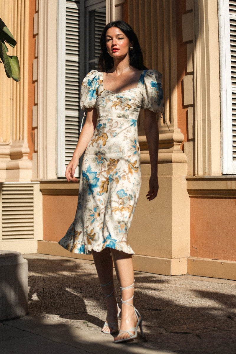 Puff Sleeve Stretch Linen-blend Midi Dress Idyllic