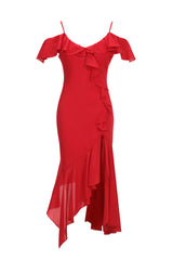 Asymmetric Ruffle-Trimmed Chiffon Midi Dress Red
