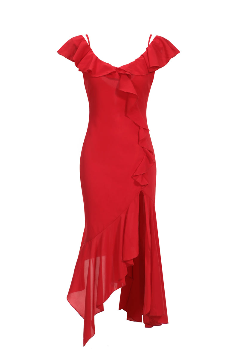 Asymmetric Ruffle-Trimmed Chiffon Midi Dress Red