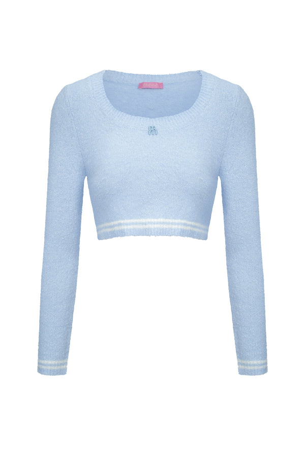 Short Cropped Boucle Knit Top - Sky Blue