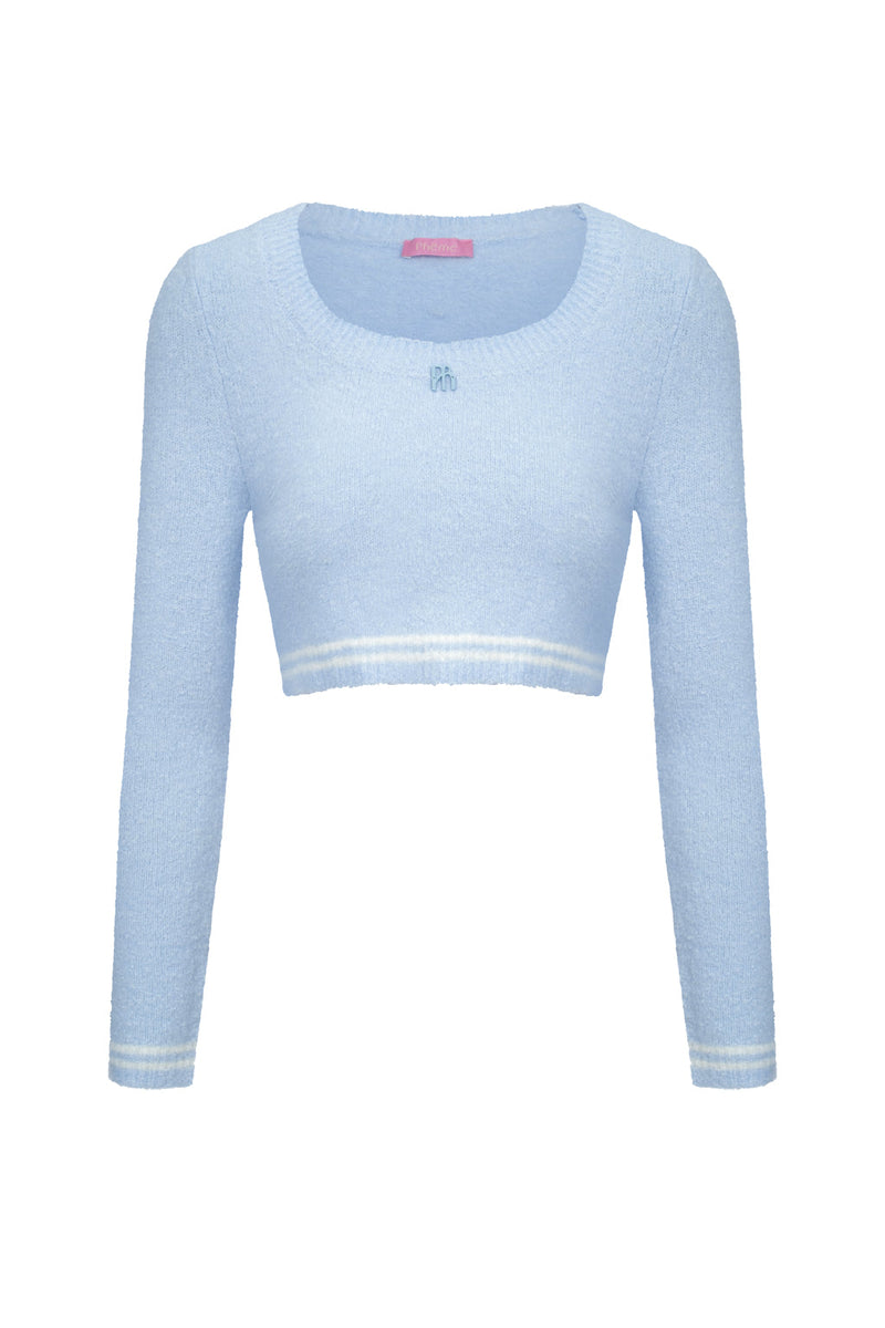 Short Cropped Boucle Knit Top - Sky Blue