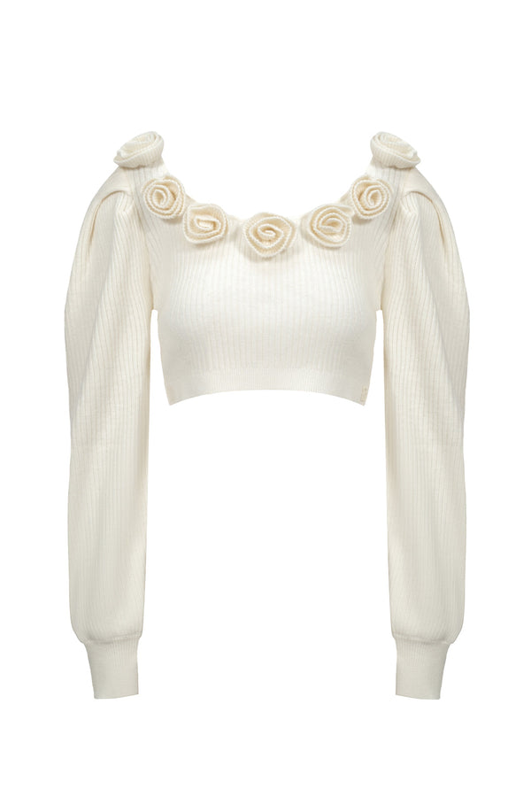 Wool Blend Cropped Top With Flower - Beige