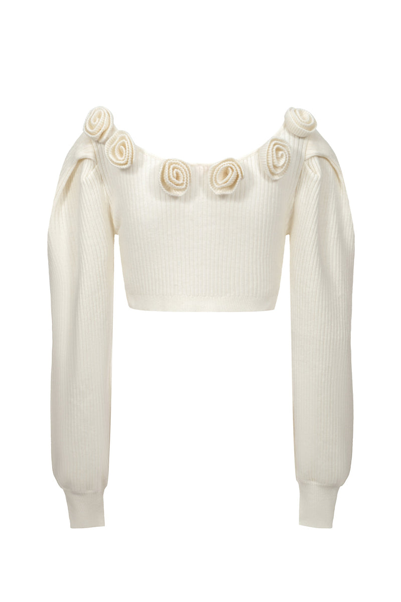 Wool Blend Cropped Top With Flower - Beige