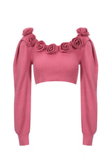 Wool Blend Cropped Top With Flower - Berry Pink