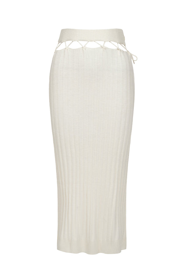 Belted Suspended Midi Skirt in Wool Blend - Beige