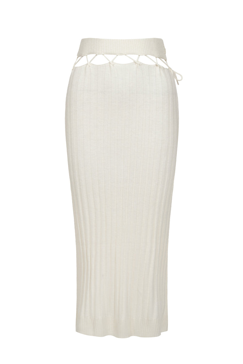 Belted Suspended Midi Skirt in Wool Blend - Beige