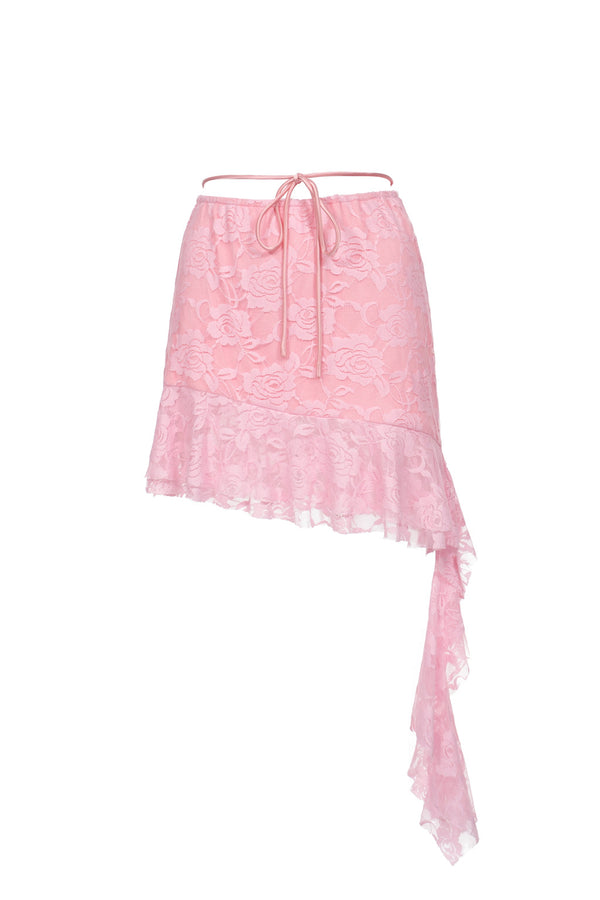 Asymmetrical Ruffle Lace Mini Skirt - Sugar Pink