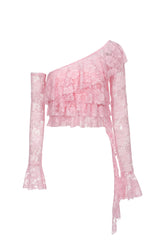 Asymmetrical Ruffle Lace Top - Sugar Pink