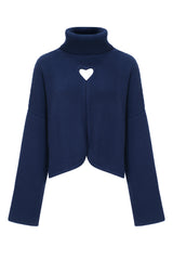 Pure cashmere turtleneck sweater with heart cutout - midnight blue