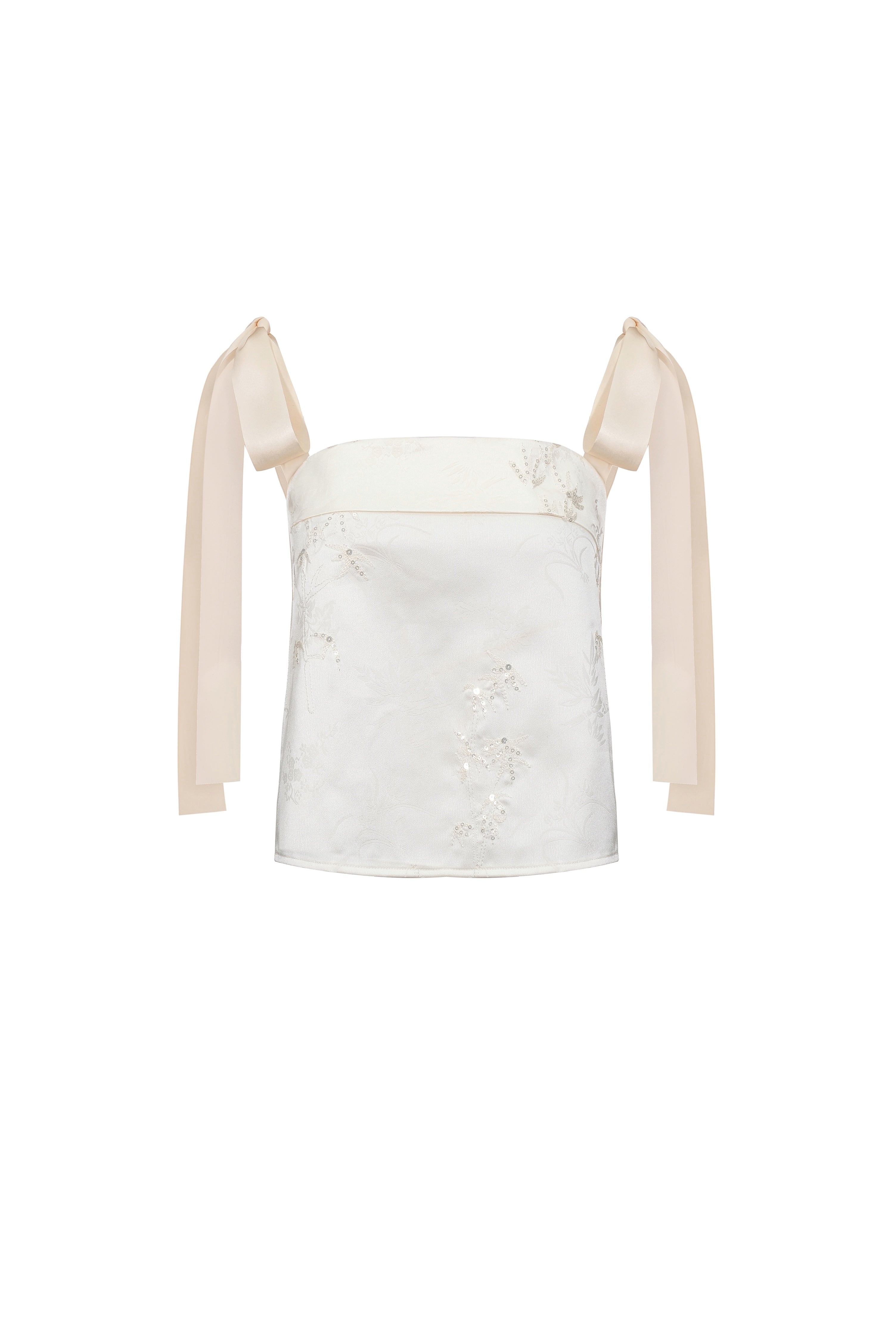 Embroidered open back tie top - Beige