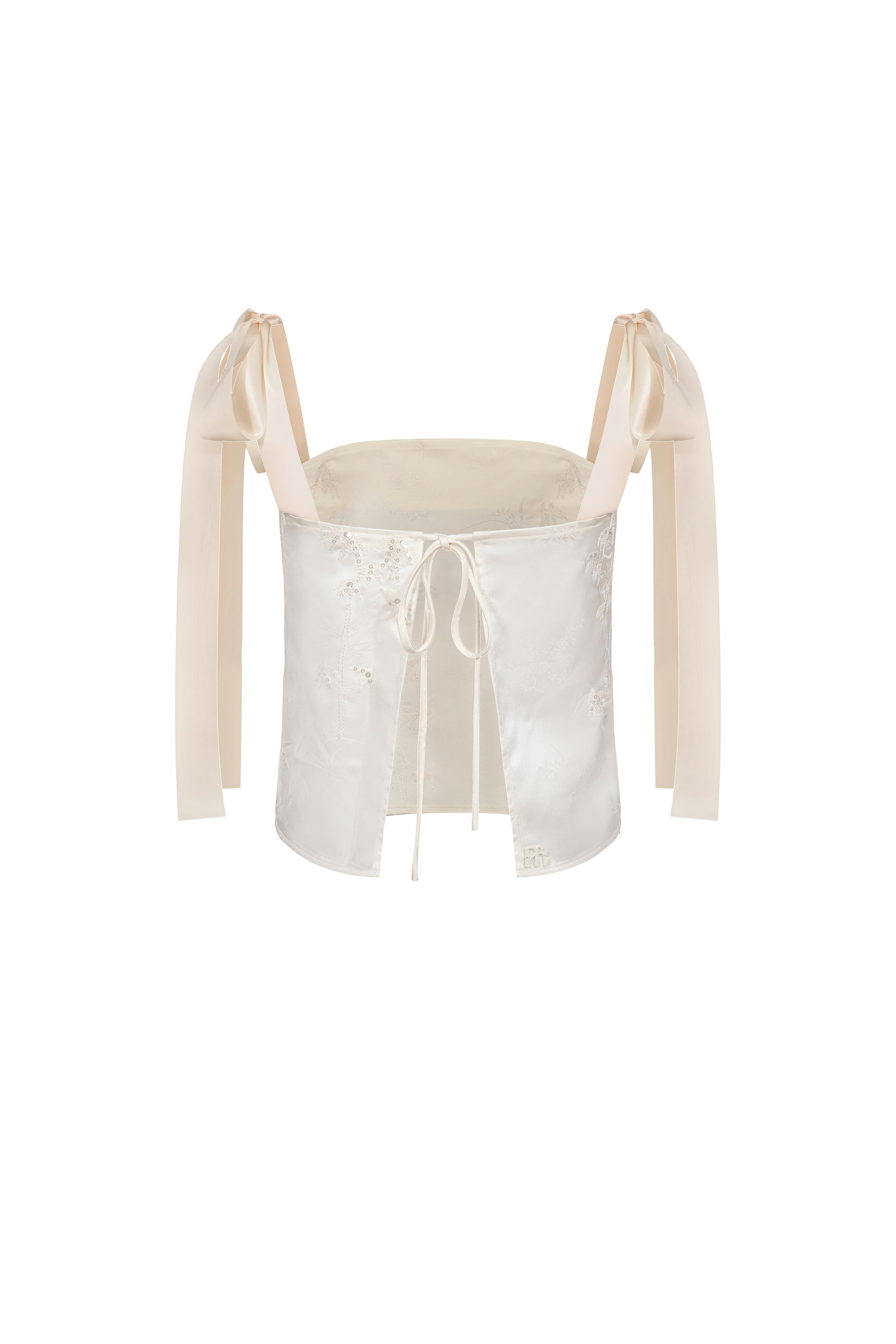 Embroidered open back tie top - Beige