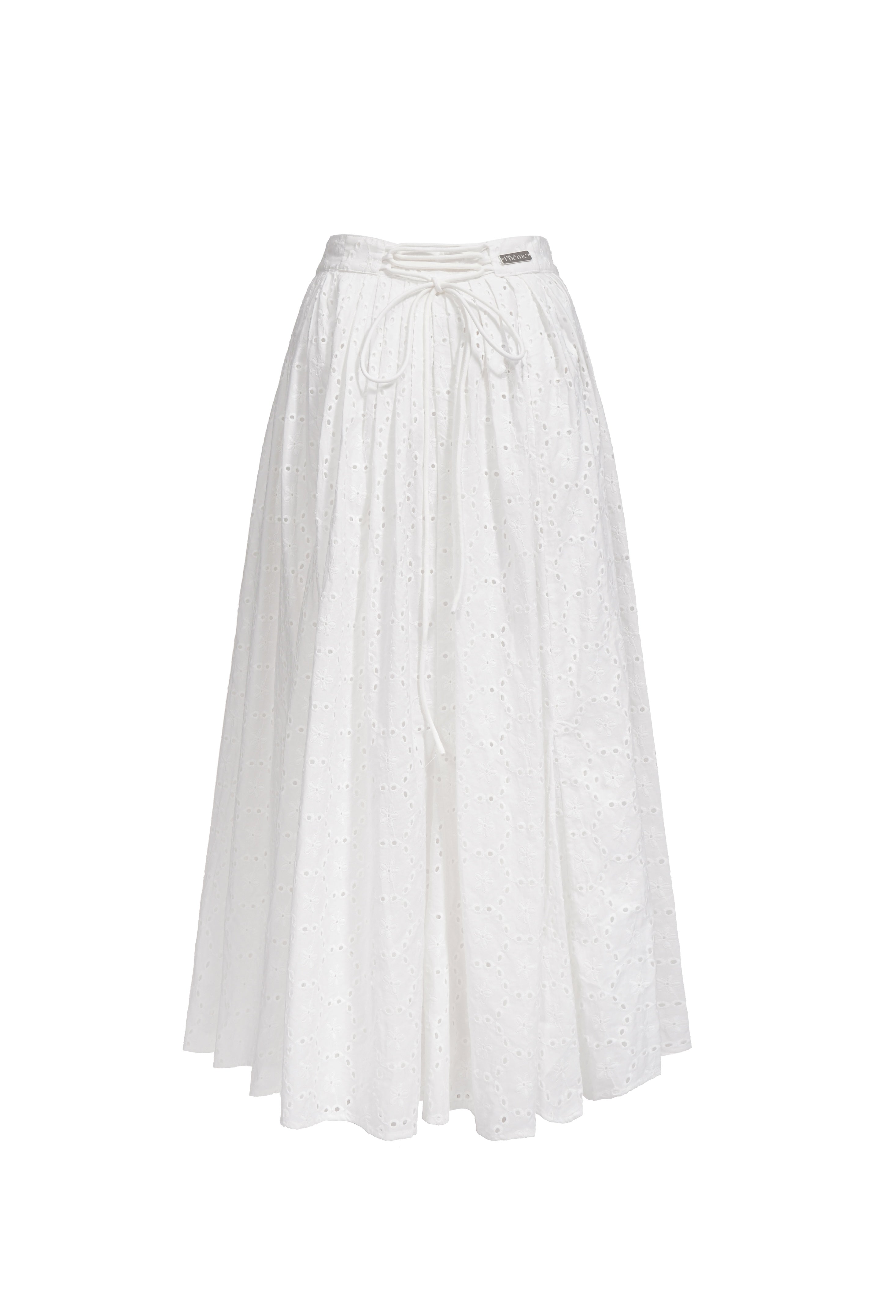 Pleated embroidered cotton skirt - White
