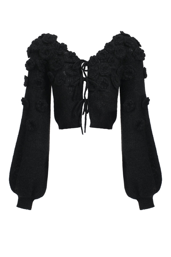 Mohair-blend lace-up top with crocheted flowers - black