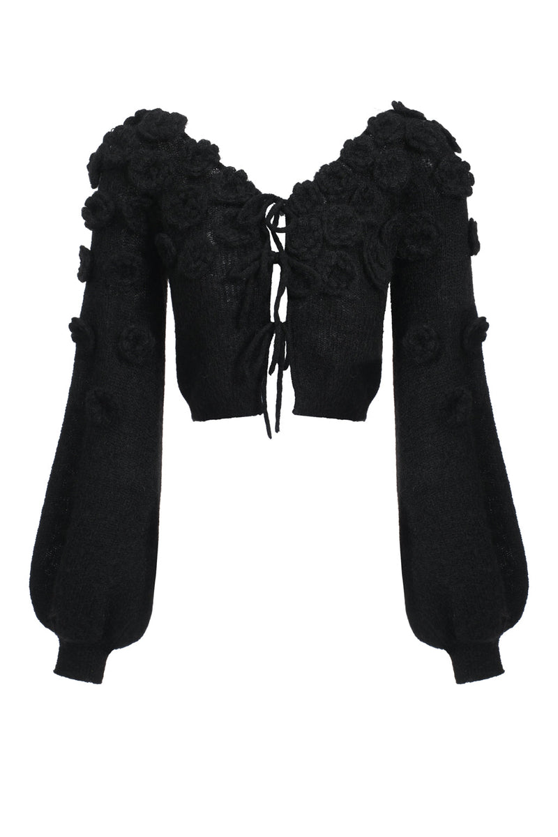 Mohair-blend lace-up top with crocheted flowers - black
