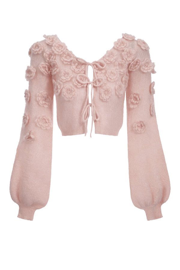 Mohair-blend lace-up top with crocheted flowers - pinky beige