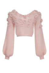 Mohair-blend lace-up top with crocheted flowers - pinky beige