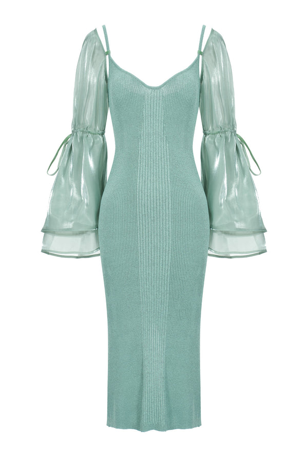 Reflective knit dress with detachable sleeves in organza - aqua green