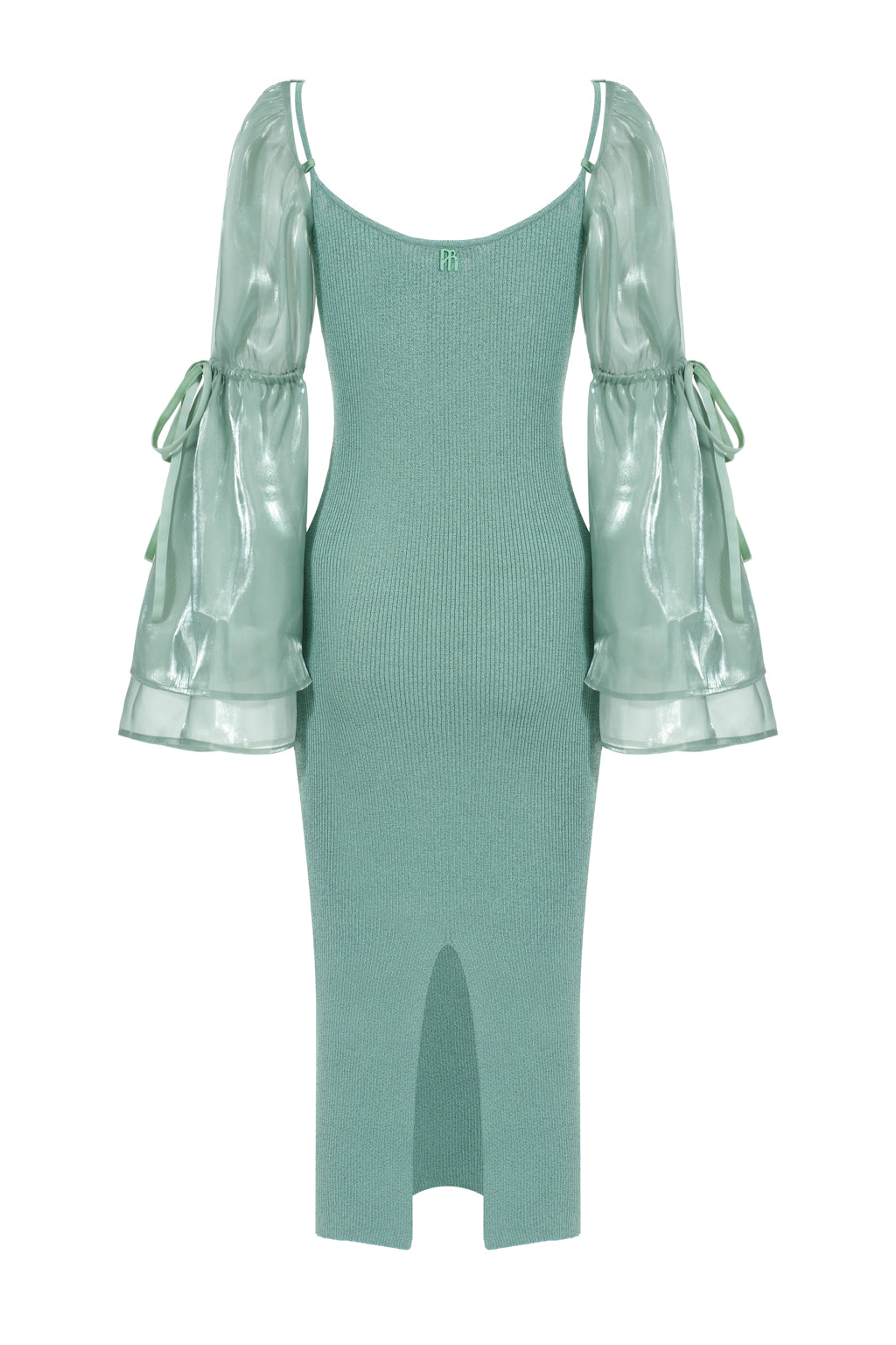 Reflective knit dress with detachable sleeves in organza - aqua green